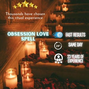 Könnte beinhalten: Ein Treppenaufgang mit brennenden Kerzen und Rosenblättern dekoriert. Der Text lautet "Obsession Love Spell", "Fast Results" und "Same Day". Zusätzlich steht dort "23 Years of Experience".