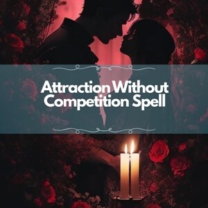 Puede incluir: Imagen romántica con siluetas de una pareja, rodeada de rosas rojas. El texto "Attraction Without Competition Spell" se muestra en una pancarta turquesa. Dos velas encendidas realzan el tema místico.