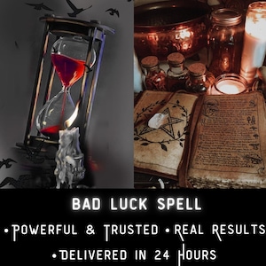 Könnte beinhalten: Ein Bild mit einer Sanduhr mit roter Flüssigkeit, einer brennenden Kerze und Gegenständen, die mit Zaubersprüchen in Verbindung stehen. Der Text lautet "BAD LUCK SPELL" und verspricht "POWERFUL & TRUSTED" Ergebnisse "DELIVERED IN 24 HOURS".