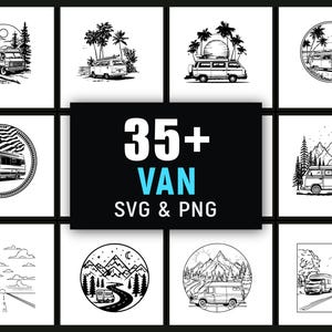 Könnte beinhalten: Schwarz-Weiß-Illustrationen von Vans in verschiedenen Umgebungen, darunter Wälder, Strände und Bergstraßen. Das Bild enthält den Text "35+ VAN SVG & PNG". Die Designs sind kreisförmig und quadratisch.
