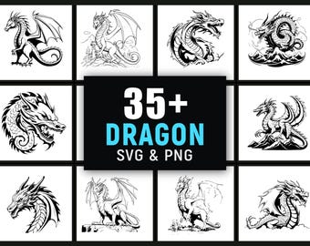 Dragon SVG PNG Bundle, Fantasy Dragon Clipart, Mythical Creature Vector