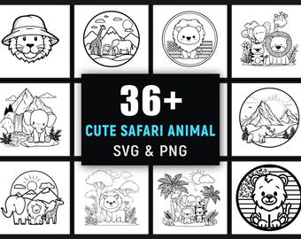Cute Safari Animal SVG PNG Bundle, Jungle Animal Clipart, Lion, Elephant Png