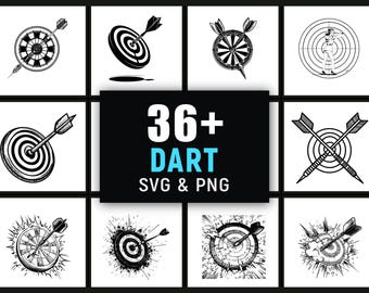 Puede incluir: Una colección de ilustraciones en blanco y negro de dianas con flechas, incluyendo dianas y flechas cruzadas. La imagen también presenta el texto "36+ DART SVG & PNG" en blanco y verde azulado sobre un fondo negro.