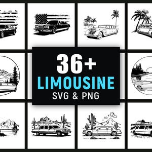 Può includere: Una collezione di illustrazioni in bianco e nero di limousine in vari stili, dai design classici a quelli moderni. L'immagine include il testo "36+ LIMOUSINE SVG & PNG" in blu e bianco e presenta anche immagini della bandiera americana.