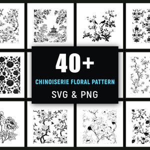 Puede incluir: Una colección de patrones florales Chinoiserie en blanco y negro en formatos SVG y PNG. La imagen muestra varios diseños, incluyendo ramas florecientes, arreglos florales detallados y una escena de pagoda, todo en un estilo clásico y elegante.
