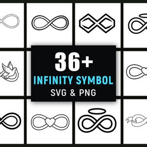 Puede incluir: Una colección de diseños del símbolo de infinito en blanco y negro. La imagen incluye varios estilos, como una paloma, un corazón y una cinta incorporados en el símbolo de infinito. El texto en la imagen dice "36+ INFINITY SYMBOL SVG & PNG."