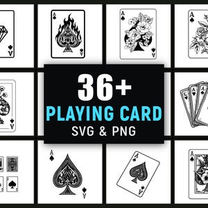 May include: A collection of black and white playing card designs, including aces with various decorative elements like flames, flowers, and a diamond. The image also features the text "36+ PLAYING CARD SVG & PNG".