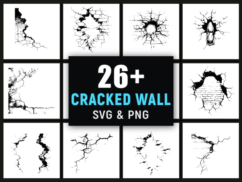 Cracked Wall SVG PNG Bundle, Grunge Texture Graphics, Concrete Crack ...