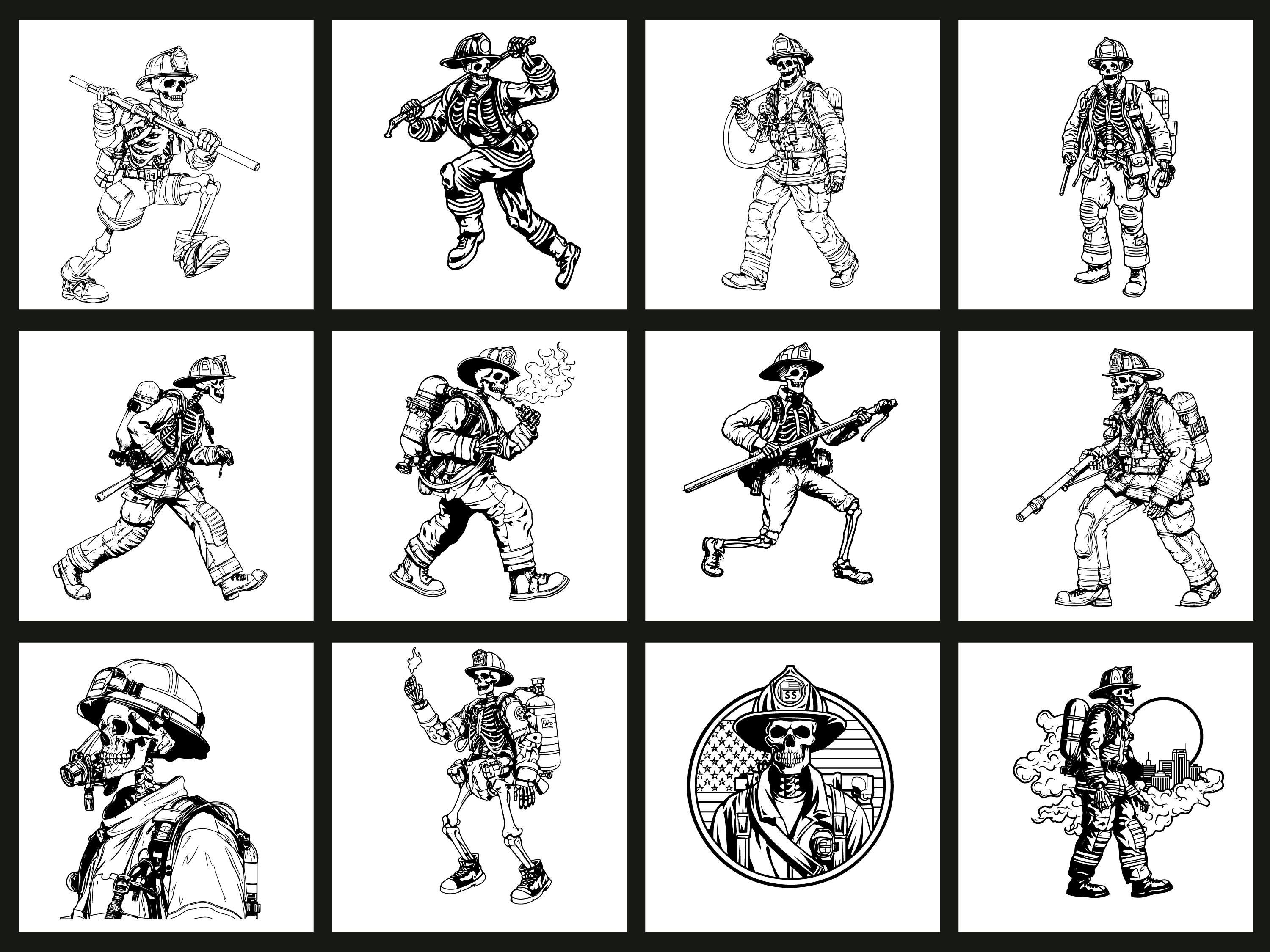 Skeleton Fireman Wit Roses Skeleton Firefighter SVG PNG, Skull Fireman Clipart for Gothic Cricut ...