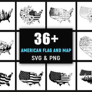 Puede incluir: Una colección de ilustraciones en blanco y negro del mapa de los Estados Unidos y diseños de la bandera estadounidense. Los diseños incluyen patrones florales, paisajes y paisajes urbanos. El texto central dice "36+ AMERICAN FLAG AND MAP SVG & PNG."