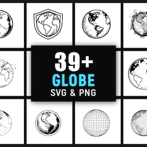 Könnte beinhalten: Eine Sammlung von schwarz-weißen Globus-Illustrationen in verschiedenen Stilen. Das Bild zeigt Globen mit detaillierten Schattierungen, Umrissen und einem Rastermuster. Der zentrale Text lautet "39+ GLOBE SVG & PNG".