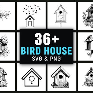 Könnte beinhalten: Eine Sammlung von schwarz-weißen Vogelhaus-Designs in verschiedenen Stilen, von detaillierten Illustrationen bis hin zu einfachen Umrissen. Der Text "36+ BIRD HOUSE SVG & PNG" in Blau und Weiß deutet auf digitale Kunstdateien hin.