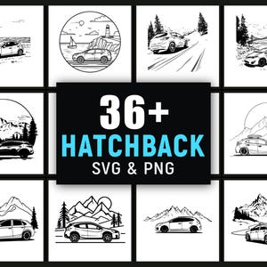 Może przedstawiać: Czarno-białe ilustracje samochodów typu hatchback w różnych sceneriach zewnętrznych, w tym górach i krajobrazach nadmorskich. Obraz zawiera tekst "36+ HATCHBACK SVG & PNG".