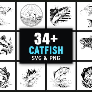 Może przedstawiać: Kolekcja czarno-białych ilustracji sumów w różnych pozach, w tym skoków i pływania. Obraz zawiera tekst "34+ CATFISH SVG & PNG" w kolorze białym i turkusowym na czarnym tle. Odpowiednie do projektów graficznych.