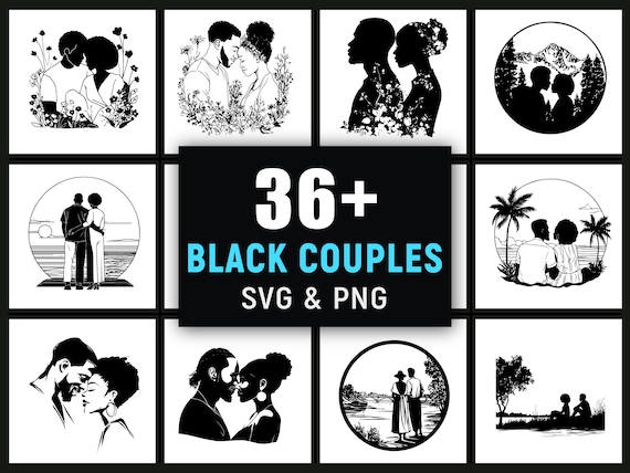 Black Couple Silhouette SVG PNG, African American Love Clipart for Weddings Valentine Cricut Designs