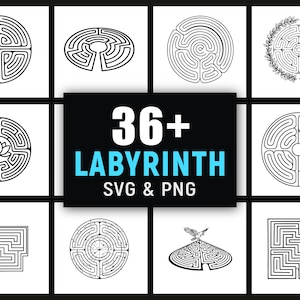 Puede incluir: Una colección de diseños de laberintos en blanco y negro, en diversas formas circulares y cuadradas. La imagen incluye el texto "36+ Labyrinth SVG & PNG" sobre un fondo negro, indicando archivos digitales para proyectos de diseño.