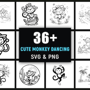 May include: A collection of black and white illustrations featuring dancing monkeys in various poses and settings. The image includes the text "36+ Cute Monkey Dancing SVG & PNG". The monkeys are shown in different environments, including a boat and a desert.