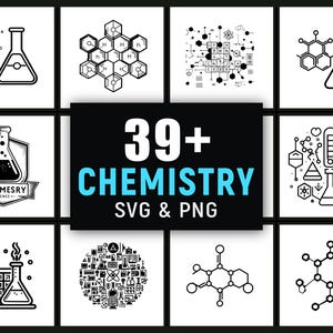 Könnte beinhalten: Eine Sammlung von schwarz-weißen Chemie-Themen-SVG- und PNG-Grafiken. Das Bild zeigt verschiedene Illustrationen von Bechern, Molekularstrukturen und wissenschaftlichen Diagrammen. Der zentrale Text lautet "39+ CHEMISTRY SVG & PNG".