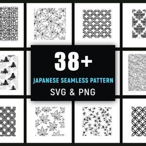 Puede incluir: Una colección de patrones japoneses sin costuras en blanco y negro, que incluyen diseños florales, geométricos y abstractos. La imagen presenta el texto "38+ Japanese Seamless Pattern SVG & PNG".