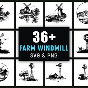 Puede incluir: Una colección de ilustraciones en blanco y negro de molinos de viento de granja en varios entornos. La imagen incluye un gráfico central con el texto "36+ FARM WINDMILL SVG & PNG". Los molinos se representan en diferentes estilos.