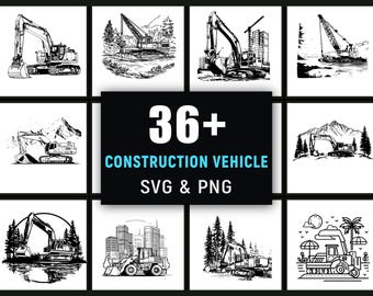 Construction Vehicle SVG PNG Bundle, Bulldozer & Crane Clipart, Cricut Cut Files
