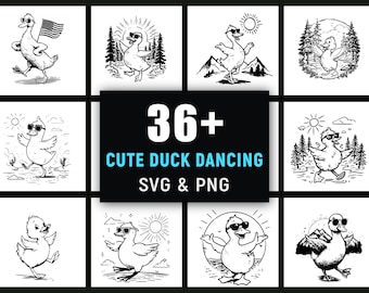 Pacchetto SVG PNG con anatra carina che balla, clipart di cartoni animati di anatra, divertente vettore kawaii