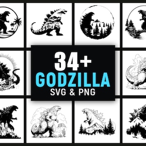 May include: A collection of Godzilla-themed SVG and PNG designs. The designs feature various illustrations of Godzilla in different settings, including cityscapes, landscapes, and circular frames. The text "34+ GODZILLA SVG & PNG" is also included.