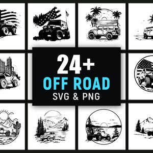 Puede incluir: Colección de diseños en blanco y negro de vehículos todoterreno. Los diseños incluyen camiones y SUV con motivos de la bandera estadounidense, paisajes urbanos y escenas naturales. Texto: "24+ OFF ROAD SVG & PNG."
