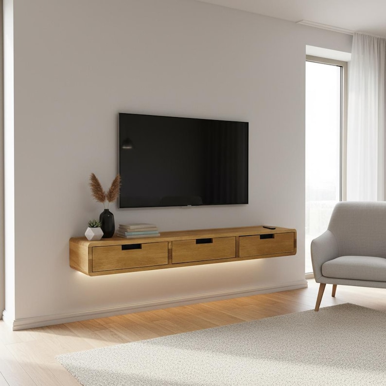 Handmade wall-mounted wooden TV console with drawers