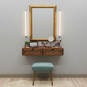Floating Oak Vanity Table with Rattan Drawers