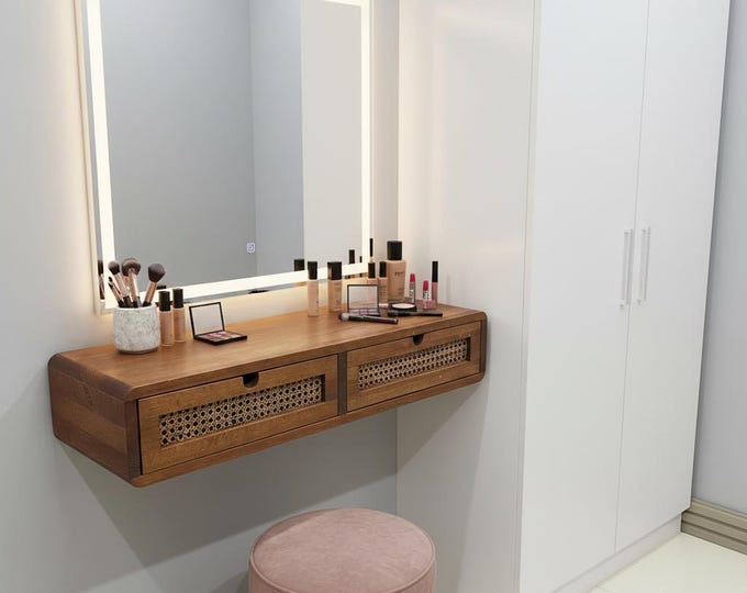 Floating Oak Vanity Table with Rattan Drawers
