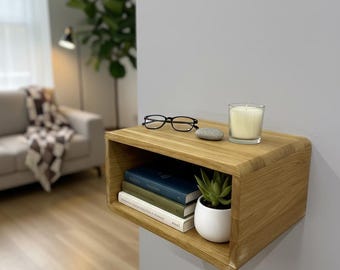 Solid Oak Floating Nightstand with Open Shelf