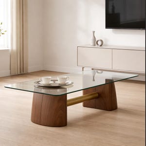 Walnut Wood and Glass Coffee Table, Rectangular Coffee Table with Gold Metal Accents, Modern Luxury Living Room Table