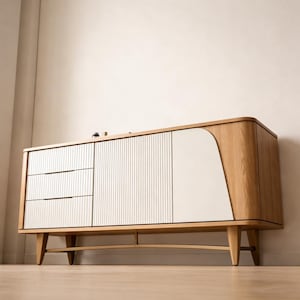 Natural Oak Sideboard Cabinet, Fluted Doors, Curved Japandi Storage Console