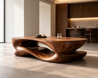 Skulpturaler Massivholz Couchtisch Organic Wave Teetisch Einzigartiges handgefertigtes Herzstück Minimalistische Wohnkultur Luxus Housewarming Geschenk