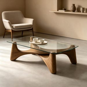 May include: A contemporary coffee table featuring a clear glass top and a distinctive wooden base. The base is crafted from light-toned wood and has an arched design. Two small white cups rest on a round wooden tray. The table is in a neutral-toned room.