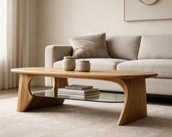 Modern Organic Coffee Table Solid Wood Two Tier Tea Table Unique Housewarming Gift Minimalist Japandi Style Living Room Furniture