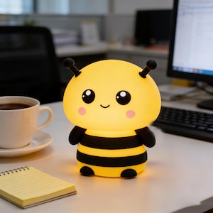 Puede incluir: Una luz de noche con forma de abeja amarilla y negra con una cara sonriente, antenas negras y mejillas rosadas. La luz está sobre un escritorio blanco con un bloc de notas y una taza de café.