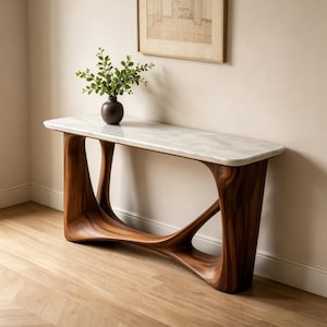 Sculptural Console Table with Marble Top, Organic Walnut Base Entryway Table, Luxury Art Deco Hallway Table, Statement Furniture