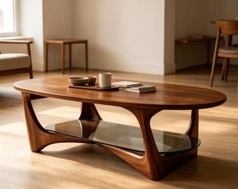 Mesa de centro ovalada de mediados de siglo, mesa de té escultural de madera maciza con capa de vidrio, regalo único para inauguración de casa, muebles Japandi para nuevo hogar.