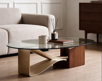 Moderne glazen salontafel goud sculpturale basis luxe housewarming cadeau walnoot theetafel unieke art deco cocktailtafel woondecoratie