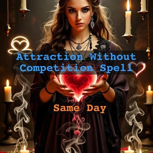 Könnte beinhalten: Eine Frau in einem dunklen Kleid hält ein leuchtendes rotes Herz. Das Bild enthält den Text "Attraction Without Competition Spell" und "Same Day". Angezündete Kerzen und Raucheffekte erzeugen eine mystische Atmosphäre.