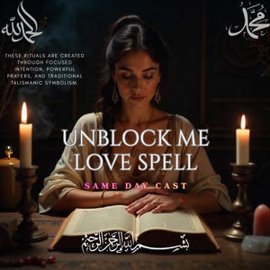 Pode incluir: Imagem de uma mulher com cabelo escuro sentada em uma mesa de madeira com um livro aberto. O texto "UNBLOCK ME LOVE SPELL" é exibido de forma proeminente. Velas acesas ladeiam o livro. Tema místico, com escrita árabe.