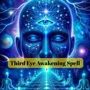 May include: Digital artwork featuring a blue human face with a third eye, set against a cosmic backdrop. The image includes the text "Third Eye Awakening Spell" in a yellow banner, and figures meditating in a row.