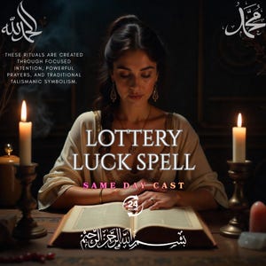 May include: A woman sits at a wooden table with an open book, lit candles, and the text "LOTTERY LUCK SPELL." Additional text includes "SAME DAY CAST" and "24 HOURS." The image has a mystical theme with Arabic script.