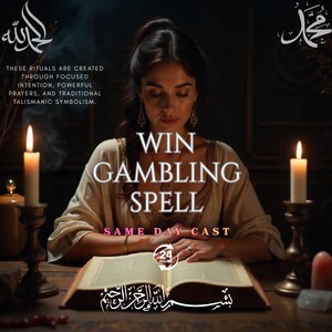 May include: A woman sits at a wooden table with an open book, lit candles, and the text "WIN GAMBLING SPELL." The image includes Arabic calligraphy and the text "SAME DAY CAST" and "24 HOURS."