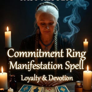May include: An image featuring a woman with white hair, adorned with a necklace, and surrounded by lit candles. The text reads "SAME DAY FAST RESULTS" and "COMMITMENT RING MANIFESTATION SPELL Loyalty & Devotion" with tarot cards in the foreground.