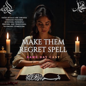 May include: An image featuring a woman with dark hair, seated at a wooden table, with an open book. Two lit candles flank the book. Text on the image reads "MAKE THEM REGRET SPELL" and "SAME DAY CAST".