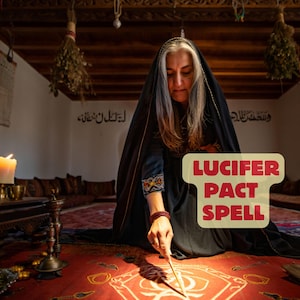 May include: A woman in a black veil performs a ritual, with the text "LUCIFER PACT SPELL" overlaid on the image. A lit candle and ornate objects are on a table. The scene is set in a room with Arabic script on the wall.