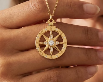 Gold Kompass Pave Halskette, Gold Nautische Anhänger Schmuck, Zierliche Reise Charm Halskette, Abenteuer Geschenk für Sie